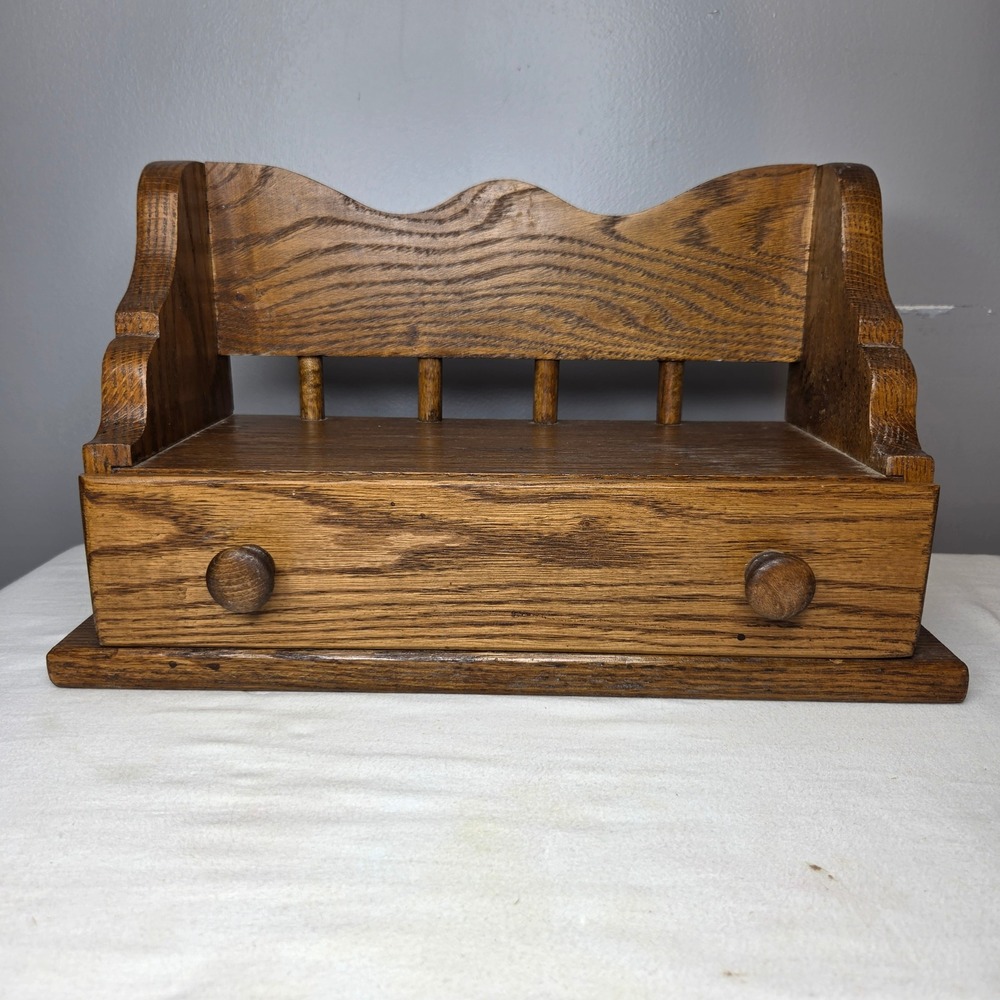 Vtg Style Solid Oak Wood Desk Organizer Mail Sorter Spice Rack w/ Drawer